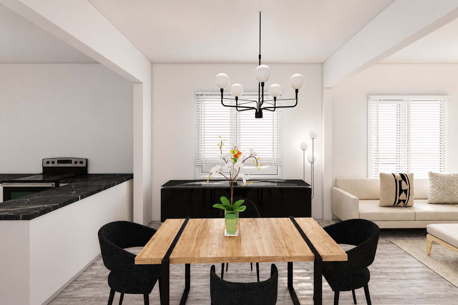XCM open-concept living, dining, and kitchen design